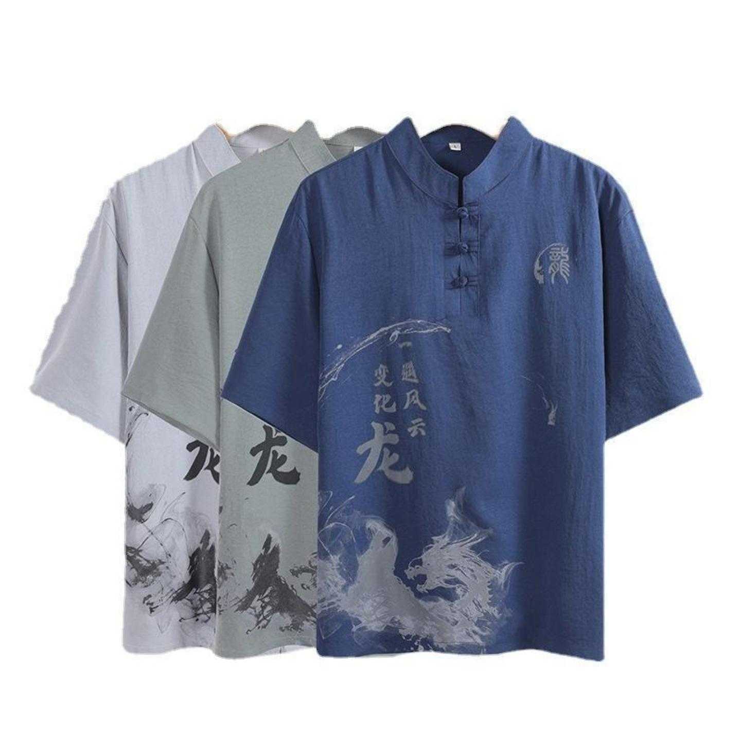 唐装男夏季冰丝短袖两件套中式