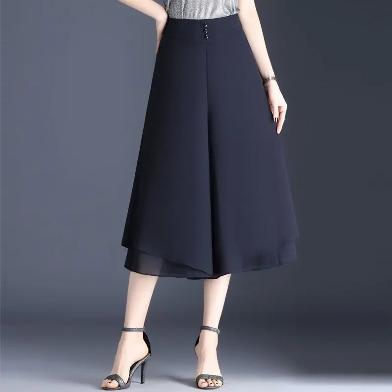 夏季雪纺阔腿裤女高腰双层防走光裙薄款宽松垂感外穿七分裤