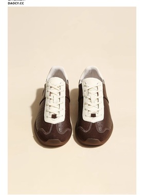 足下工业复古棕色德训鞋女2025新款拼色系带真皮运动休闲阿甘单鞋