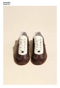 足下工业复古棕色德训鞋女2025新款拼色系带真皮运动休闲阿甘单鞋