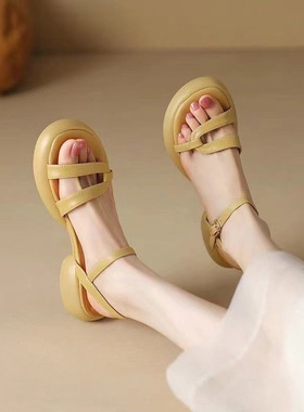 2024夏季新款网红露趾圆头女士凉鞋女厚底粗跟休闲百搭轻便罗马