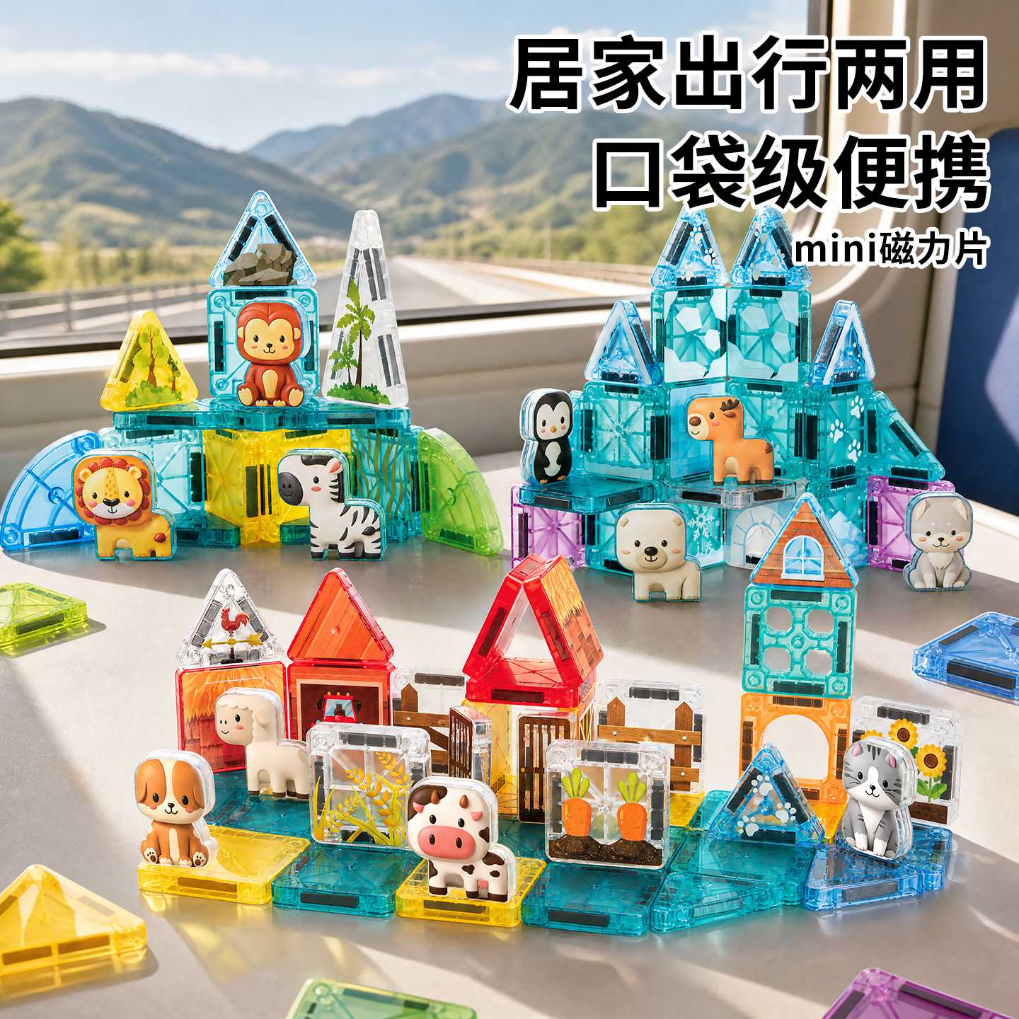 铁盒.磁力片儿童益智拼装玩具动物农场冰雪主题