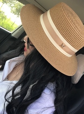 日本春夏草帽女2021M标礼帽麦秆平顶帽爵士宽檐出游防晒帽子