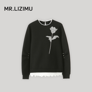 李子木先生蕾丝拼接花边领加绒卫衣女冬季高级感减龄百搭刺绣上衣