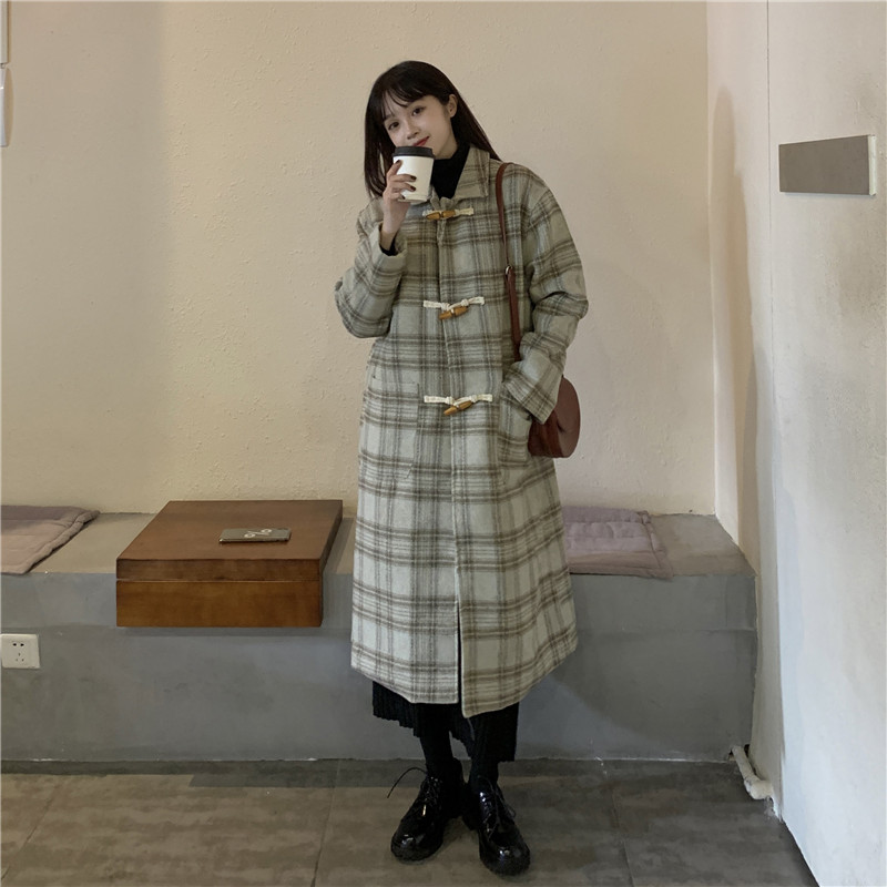 Korean loose long ox horn buckle with thick cotton wool coat