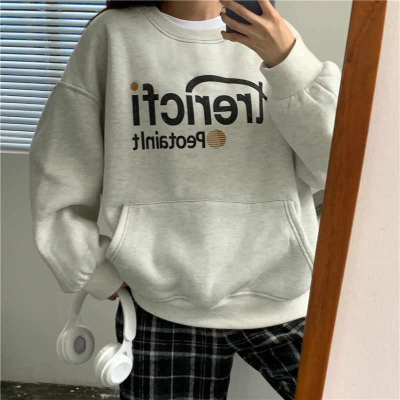 Real price round neck and velvet letter printed sweater + loose and thin Plaid corset Harun pants