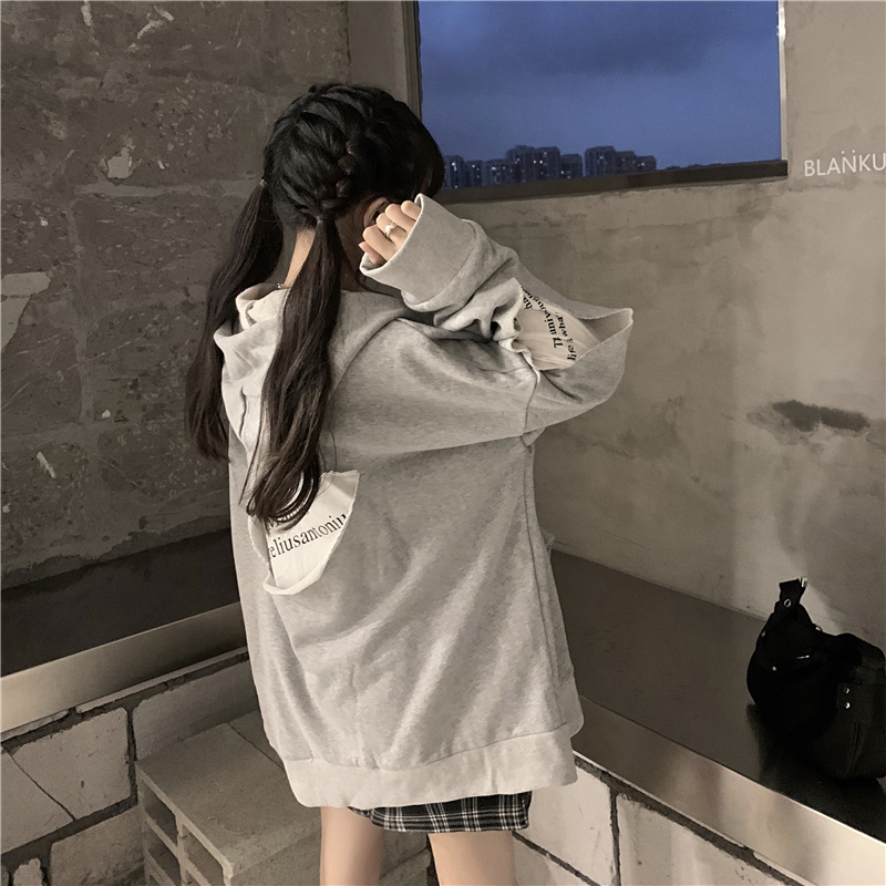 Real price hooded and perforated letter printed zipper sweater jacket + Plaid high waist tweed skirt