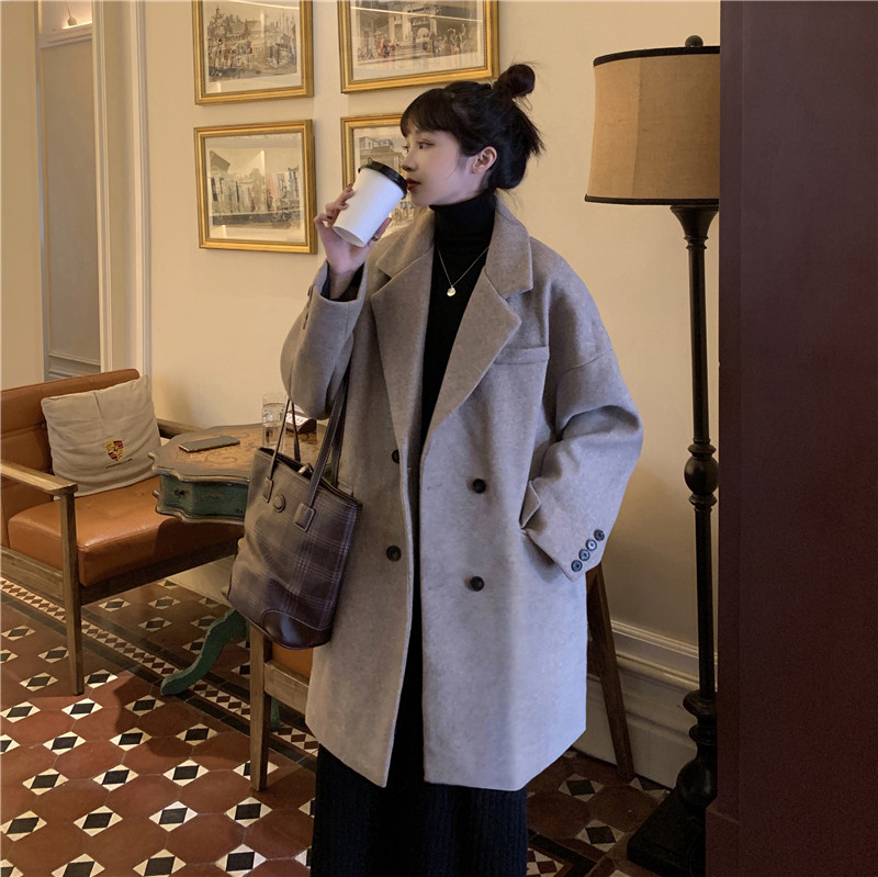 Korean version of loose, thin and thickened cotton medium length double breasted woolen overcoat