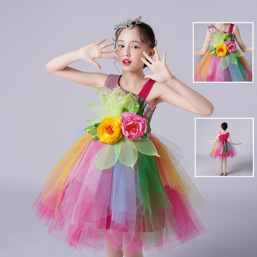 新款儿童演出服公主裙蓬蓬纱裙花朵裙女童幼儿园小学生舞蹈合唱服