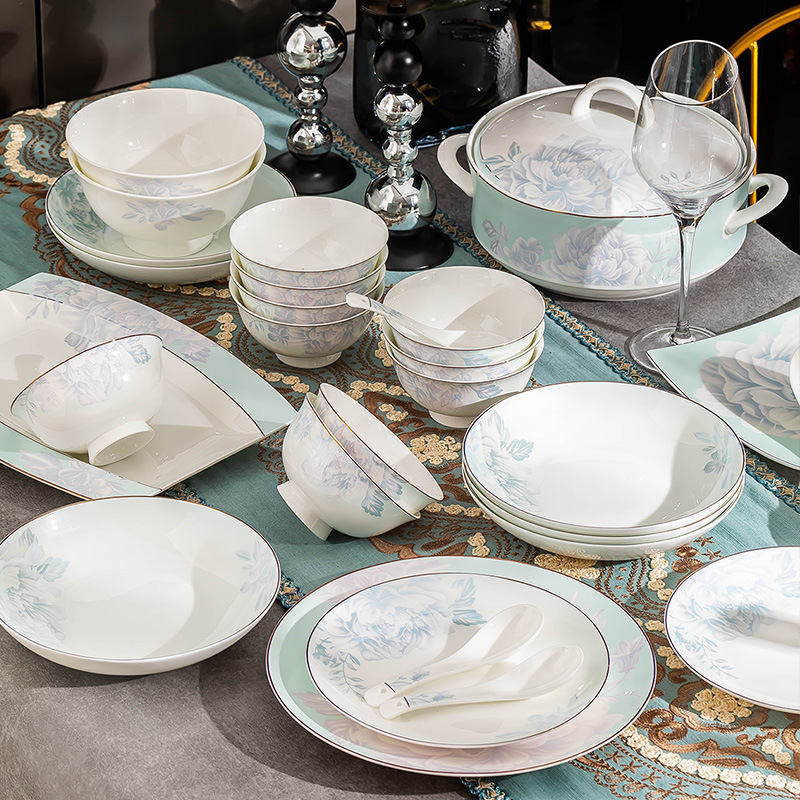 德国工艺陶瓷碗家用景德镇盘子碗碟套装中式风花卉高级感2024新款