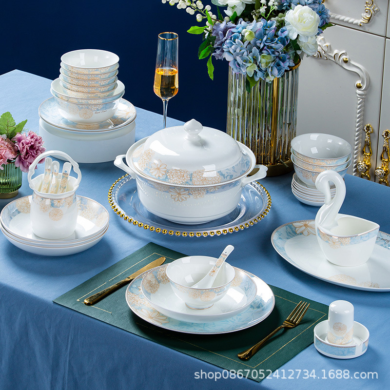 德国工艺碗碟套装家用景德镇餐具套装陶瓷碗骨瓷简约碗盘家用全套