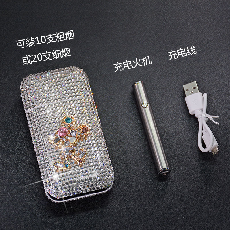 德国工艺个性创意女 点钻带圆柱火机烟盒打火机便携 usb充电防风