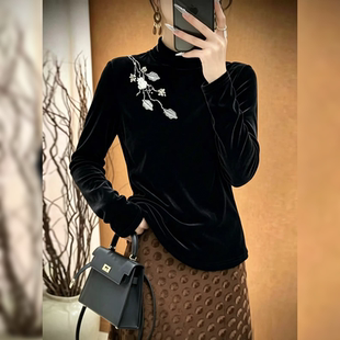 高级感重工刺绣花立领长袖丝绒T恤女秋新黑色打底衫上衣垂感小衫