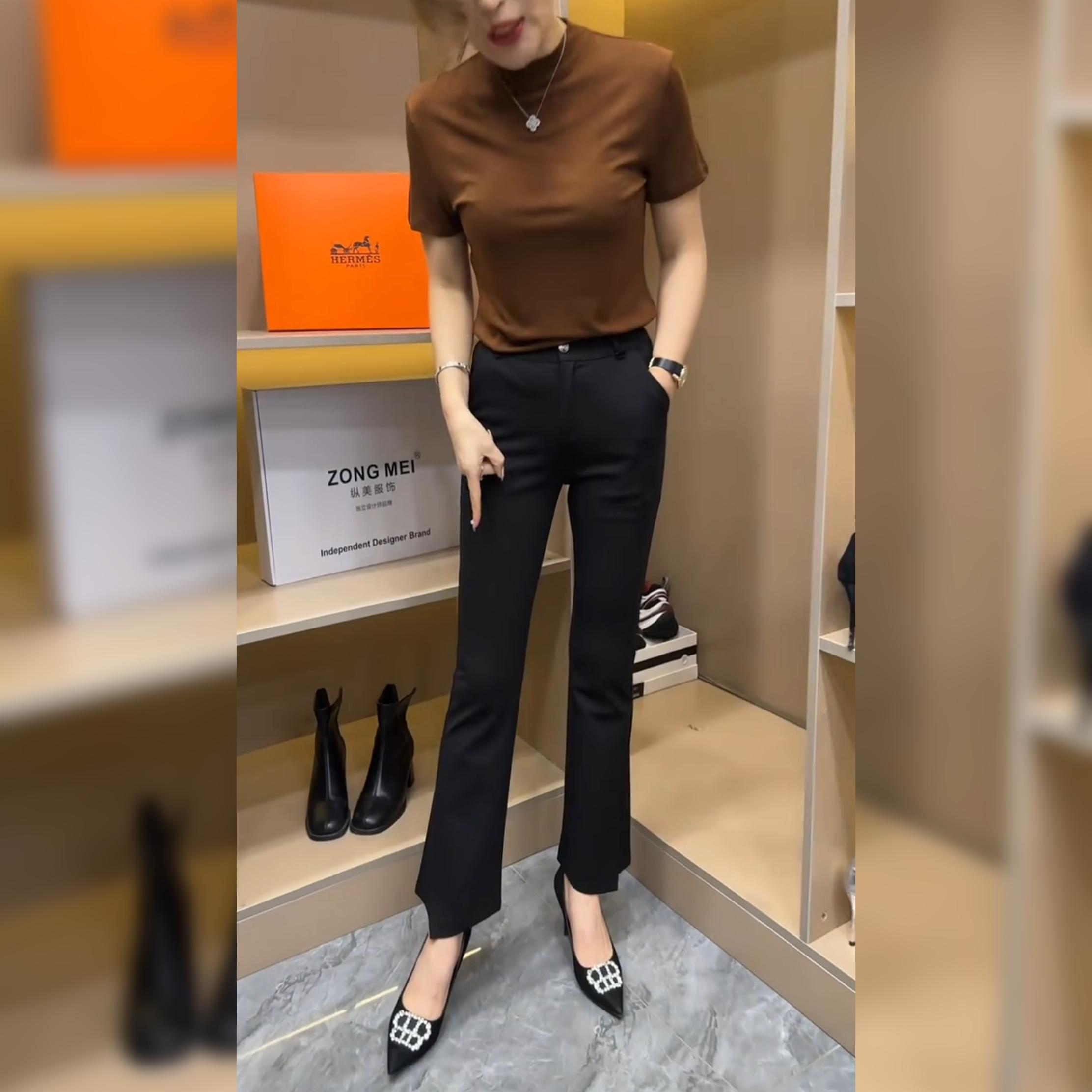 复古百搭弹力黑色休闲直筒八分裤女2025春秋大码高腰开叉微喇叭裤