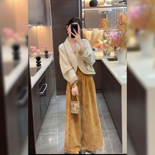 高端新中式国风丝绒套装女秋复古刺绣上衣阔腿裤气质显瘦两件套