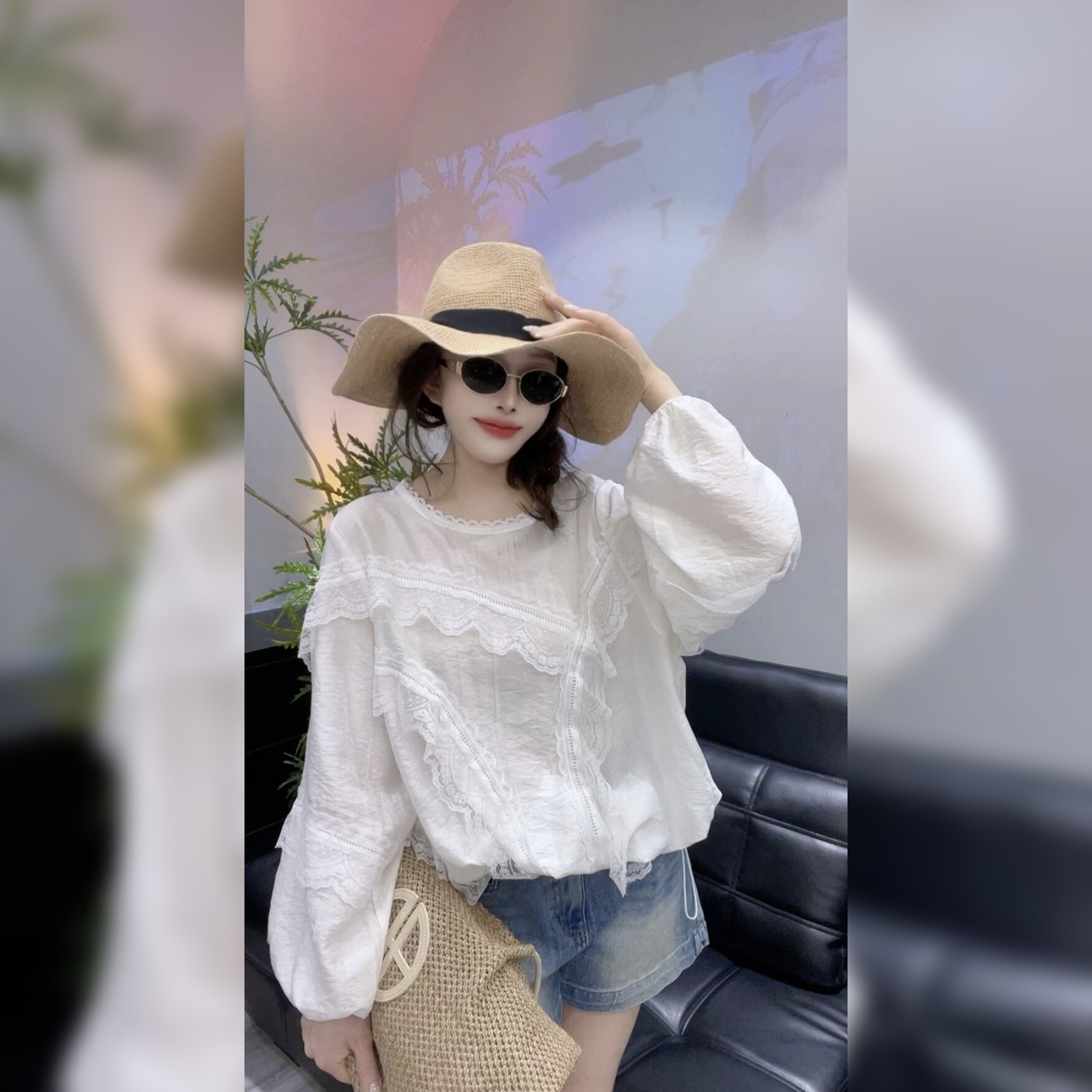 白色蕾丝拼接荷叶边衬衫女夏宽松显瘦百搭微透薄款防晒衫小衫上衣