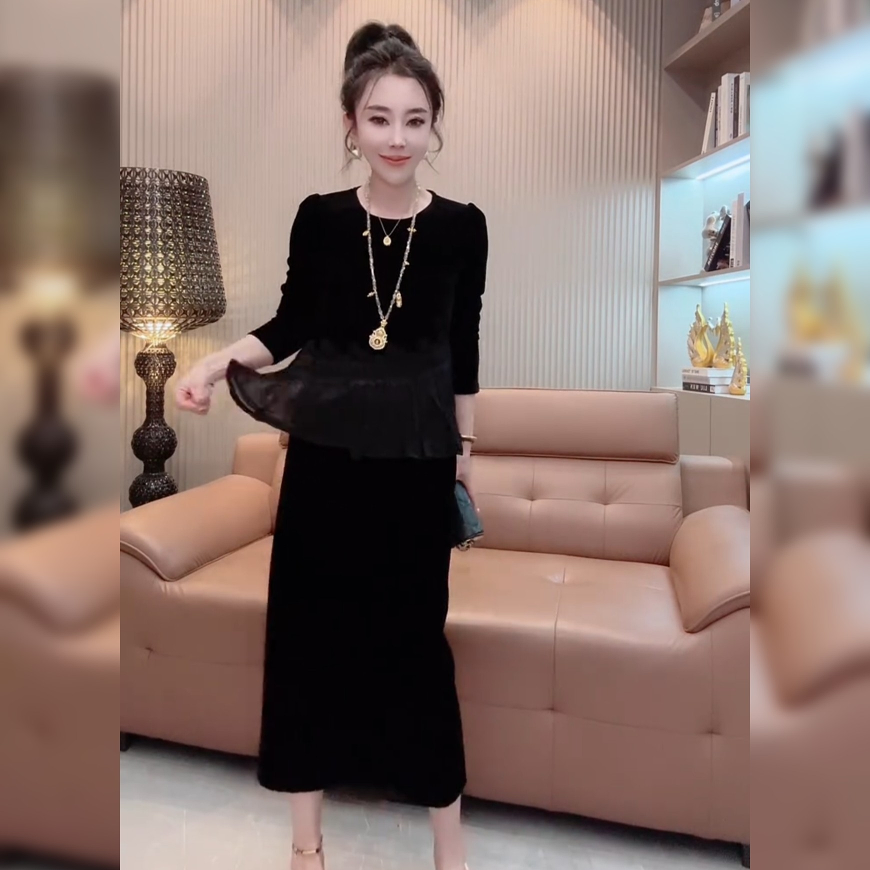 时尚气质丝绒衬衫半身裙两件套女秋新垂感蕾丝拼接上衣中裙套装