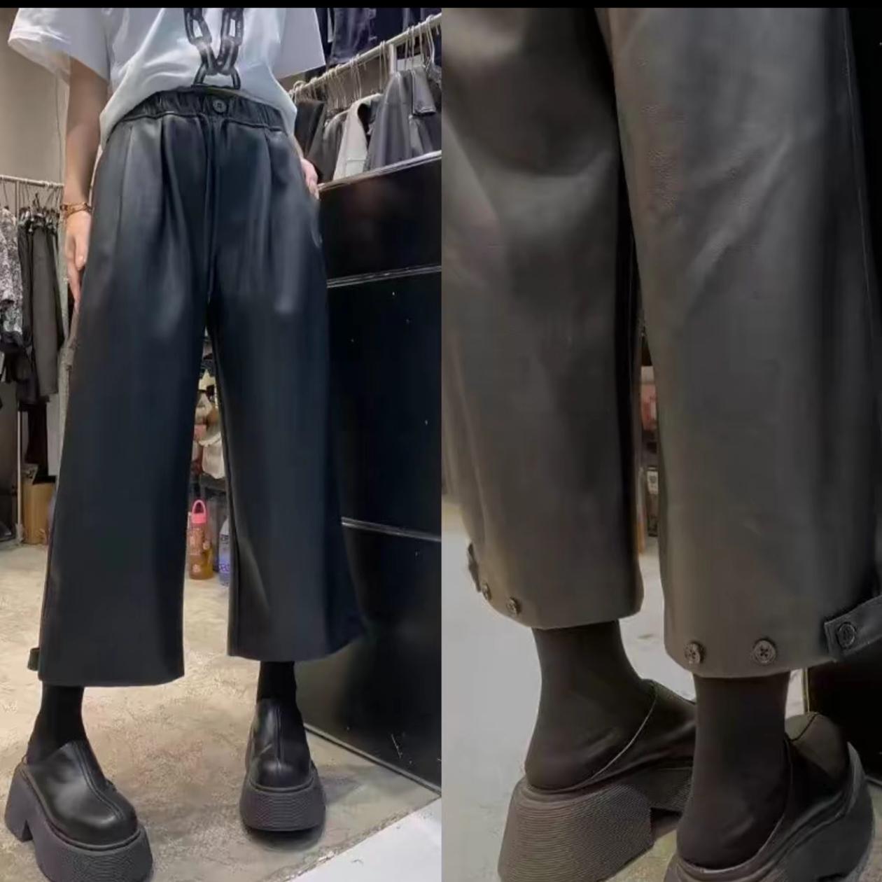 欧货蛋白皮复古宽松显瘦多扣子PU皮阔腿裤女秋冬新款加绒八分裤