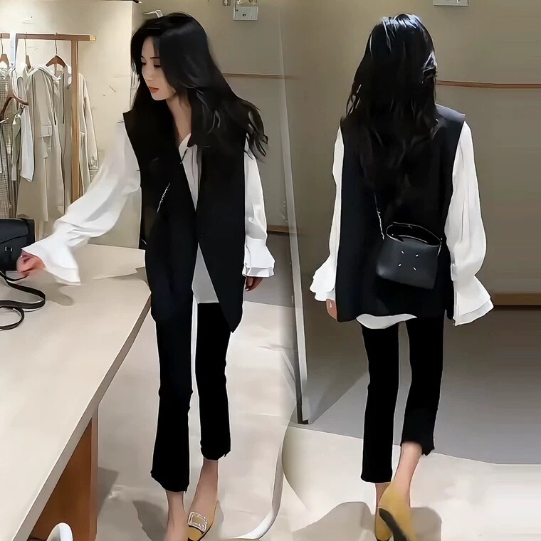 名媛喇叭袖衬衫马甲铅笔裤三件套女秋显瘦气质百搭职业通勤套装