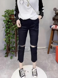 欧洲站夏洋气不规则双拉链纸皮裤 女柔软直筒速干裤 八分面膜裤