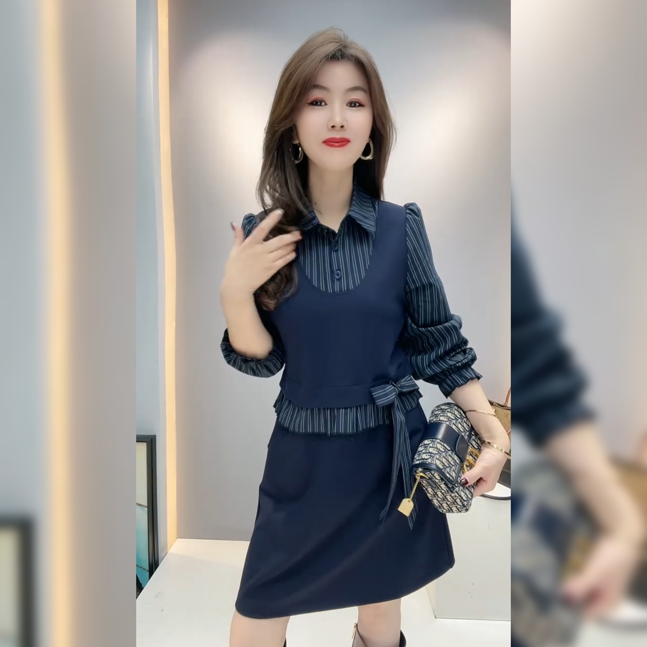 条纹衬衫领中长裙显瘦时尚打底裙