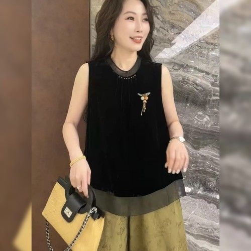 轻奢圆领无袖垂感丝绒马甲
