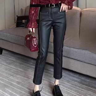欧货涂层直筒裤女冬新高腰弹力高端气质八分加绒皮尤裤压线皮裤
