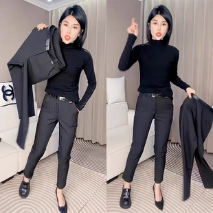 高端直筒裤女春秋新弹力烟管九分休闲职业西装裤显瘦铅笔小黑裤