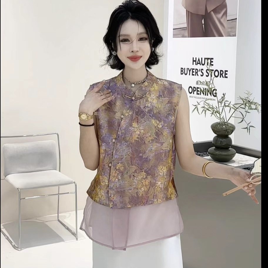 新中式提花盘扣无袖上衣女夏薄国风复古立领砍袖衬衫唐装小衫宽松