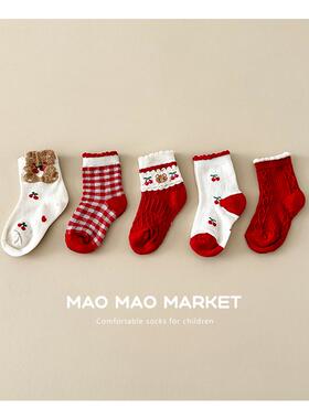 2024新款女童袜子春秋儿童袜中筒袜秋冬宝宝新年款大红色过年长筒