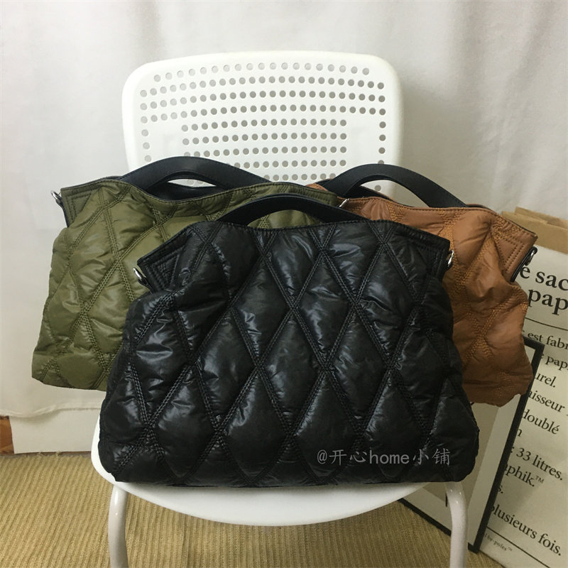 新款纯色休闲菱格质感羽绒托特包手提斜跨女包包大容量秋冬小众包