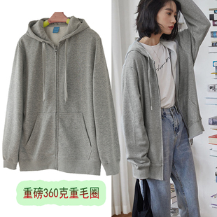 25春款男女情侣款大码连帽毛圈外套纯色浅灰休闲纯棉嘻哈宽松外套