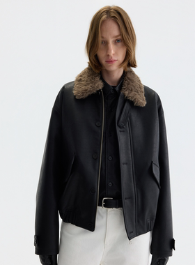 PURE2 SHEARLING LEATHER JACKET 复古肌理皮质短宽毛领棉服夹克