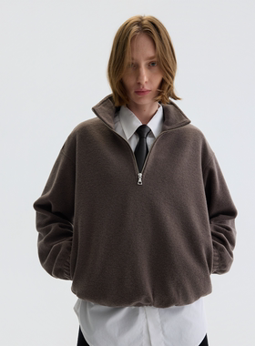 PURE2 HALF-ZIP WOOL PULLOVER肌理羊毛混纺短宽半拉链套头卫衣