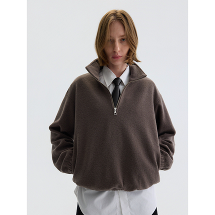 PURE2 HALF-ZIP WOOL PULLOVER肌理羊毛混纺短宽半拉链套头卫衣