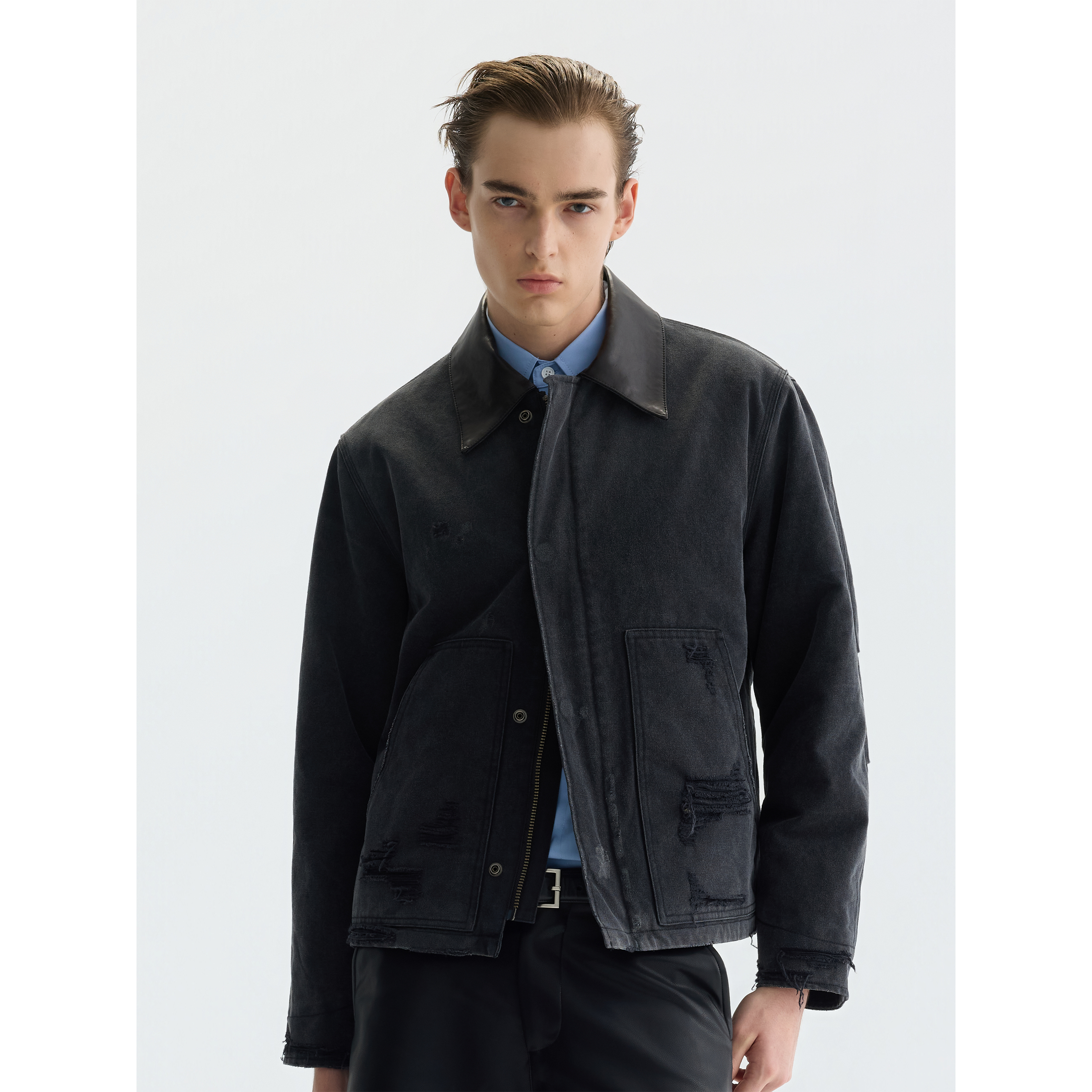 PURE2短宽做旧真皮领J22工装夹克