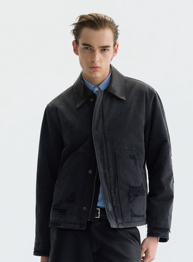 PURE2 VTG PADDED WORK JACKET 短宽做旧真皮领J22工装棉服夹克