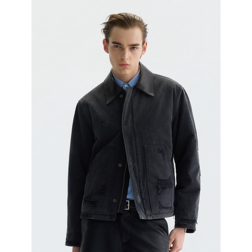 PURE2短宽做旧真皮领J22工装夹克