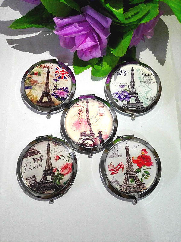 包邮花花姑娘便携小镜子巴黎铁塔钟楼不锈钢双面镜子折叠化妆镜子