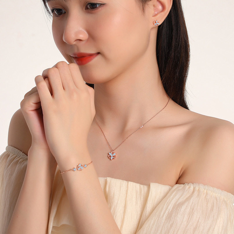 s925银三叶花耳钉女纯银花朵气质养耳洞镶嵌锆石新款森系小清新