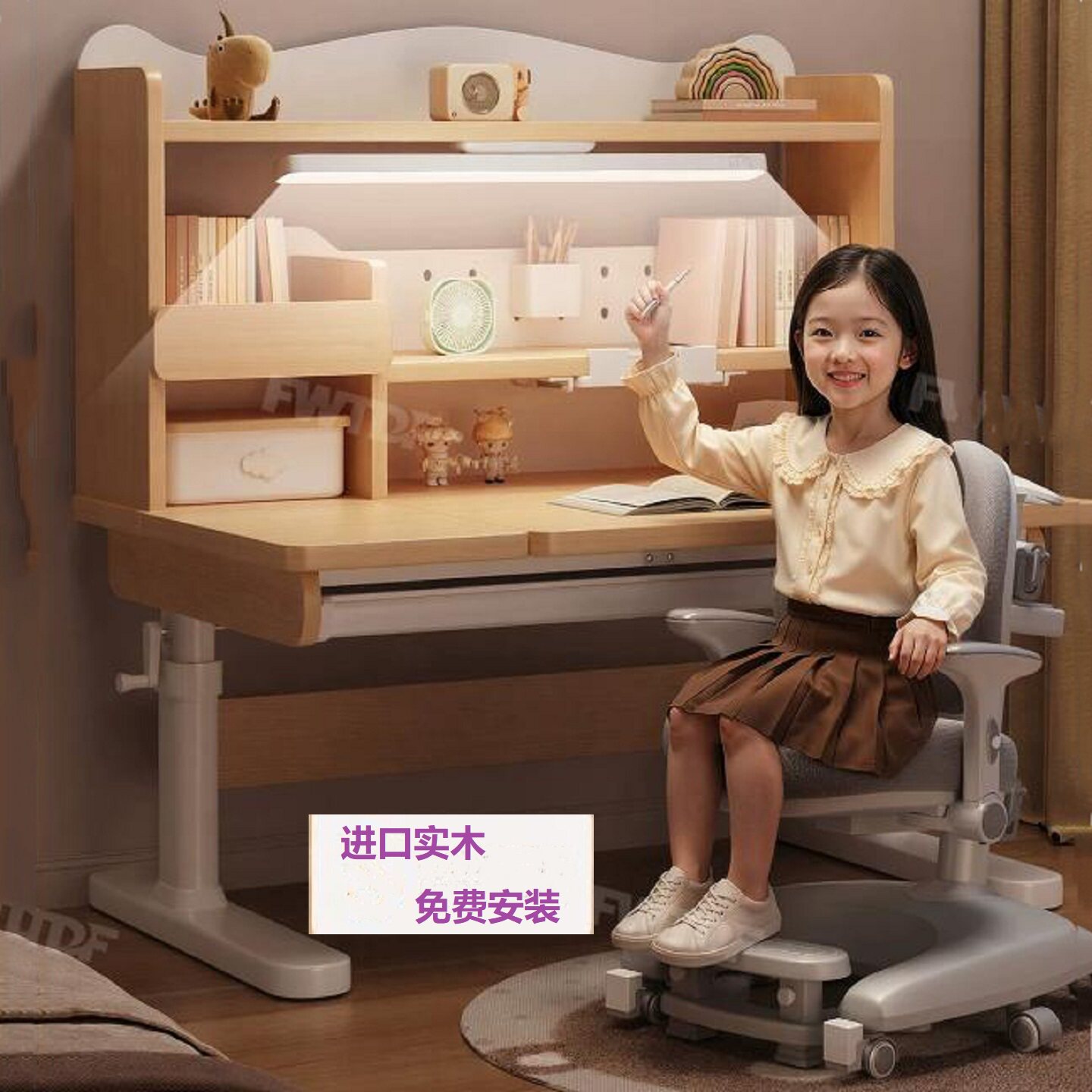 实木儿童学习书桌椅升降倾斜带轮