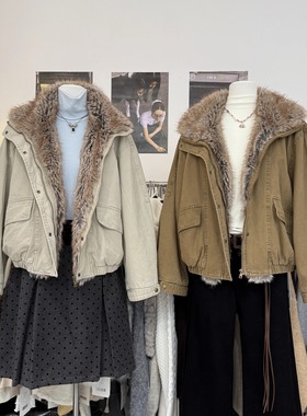 美式复古毛领外套工装夹克女冬季新款时尚水洗牛仔加绒保暖派克服