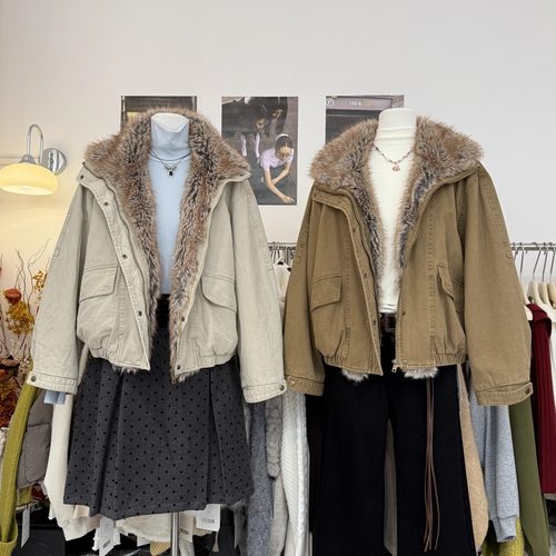 简约保暖狐狸毛领工装牛仔派克服