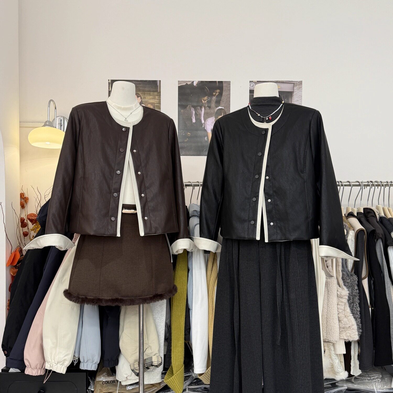 复古短款假两件撞色夹棉皮衣外套