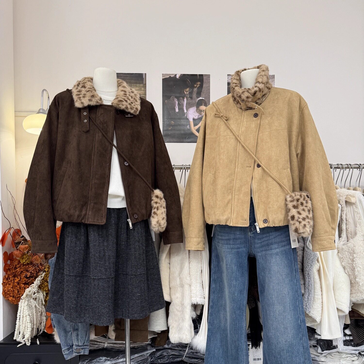 韩系复古豹纹毛领鹿皮绒短款加厚绒外套女冬季保暖皮毛一体配包包