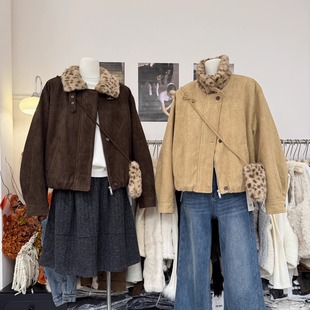 韩系复古豹纹毛领鹿皮绒短款加厚绒外套女冬季保暖皮毛一体配包包