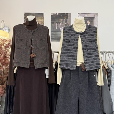 复古休闲无袖圆领口袋开衫马甲女