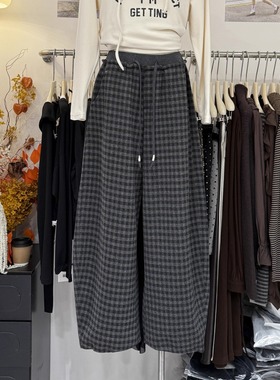 韩版慵懒系绳松紧高腰弯刀格纹阔腿裤25年秋冬新款百搭束脚休闲裤