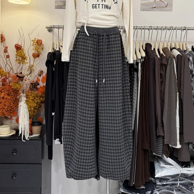 复古格纹系绳松紧高腰弯刀阔腿裤