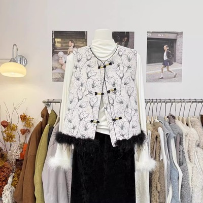 新中式水墨提花拼毛毛夹棉马甲女